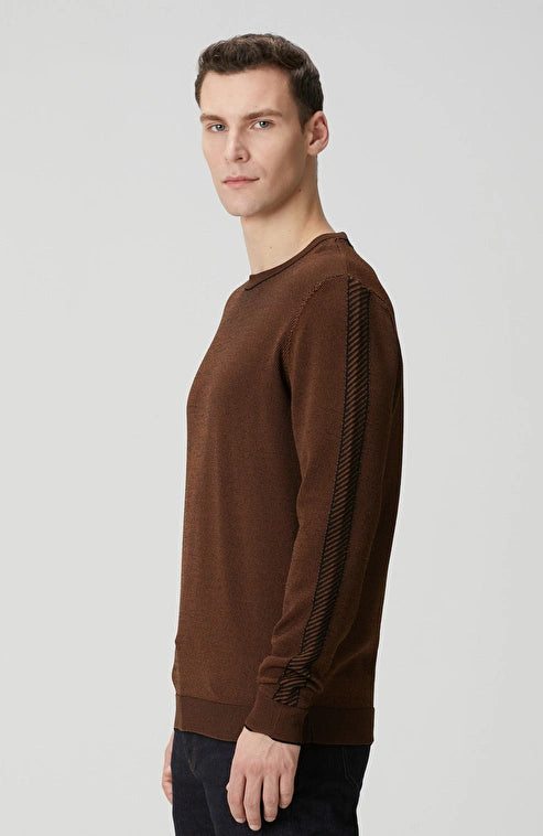 MEN'S Brown Knit Sweater with Jacquard Detail on Sleeves