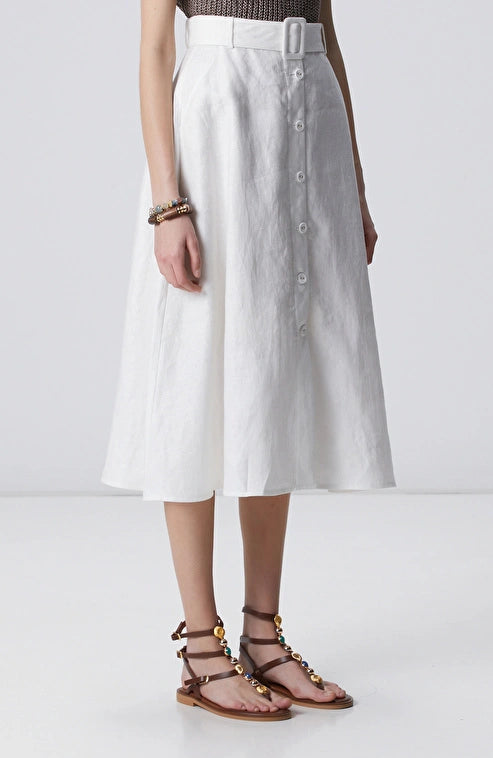 WOMEN'S N-Green Off-White Buttoned Linen Midi Skirt
