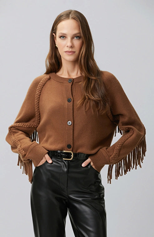 WOMEN'S WOOL BLEND CARDIGAN WITH FRINGE DETAILS