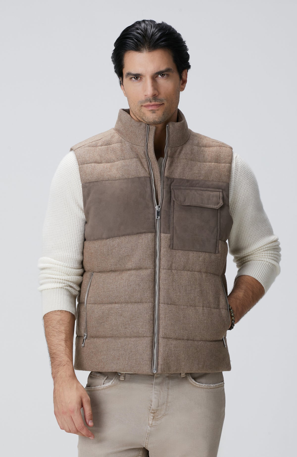 MEN'S Beige Wool Blend Flannel Casual Vest