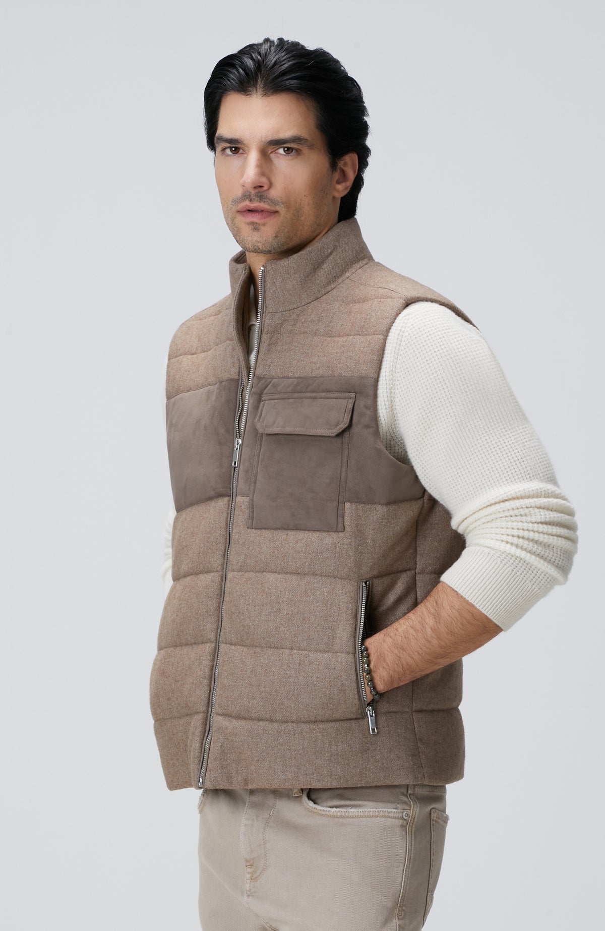 MEN'S Beige Wool Blend Flannel Casual Vest