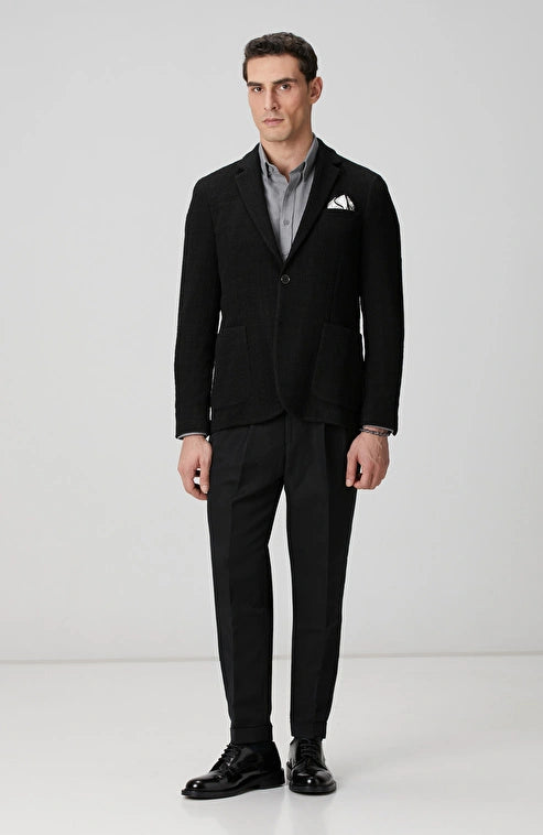 MEN'S Black Diagonal Pattern Linen Blend Trousers