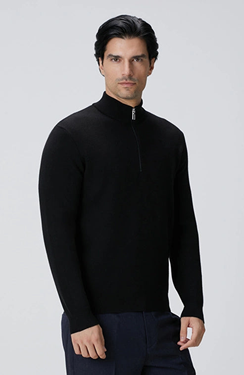 MEN'S Black Stand Collar Zippered Knitwear Sweater