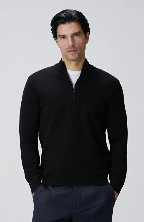 MEN'S Black Stand Collar Zippered Knitwear Sweater