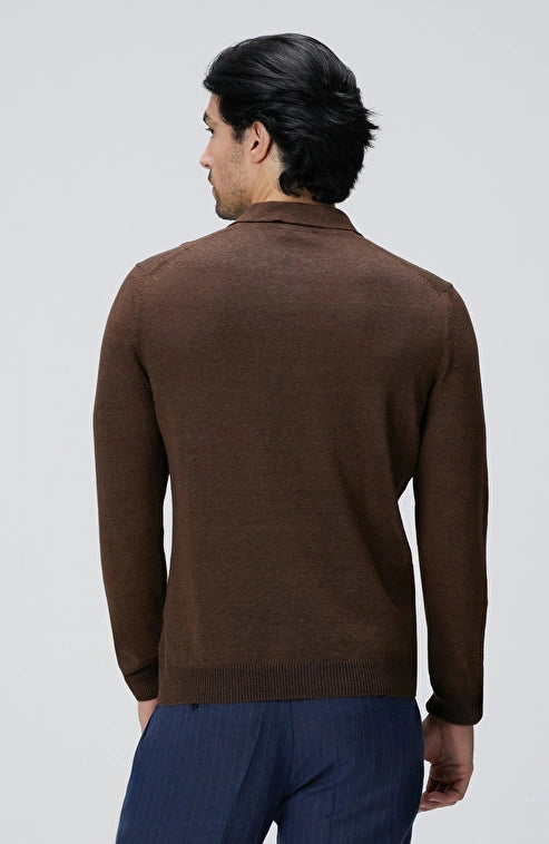 MEN'S Brown Polo Collar Linen Blend Knit Sweater