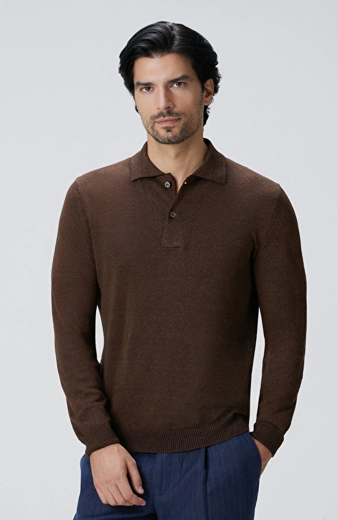 MEN'S Brown Polo Collar Linen Blend Knit Sweater