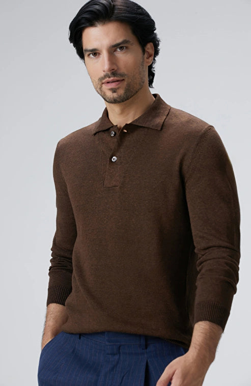 MEN'S Brown Polo Collar Linen Blend Knit Sweater