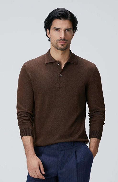 MEN'S Brown Polo Collar Linen Blend Knit Sweater