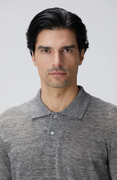 MEN'S Gray Polo Collar Linen Blend Knit Sweater