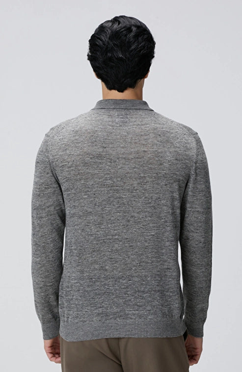 MEN'S Gray Polo Collar Linen Blend Knit Sweater