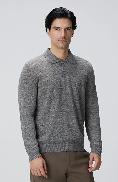MEN'S Gray Polo Collar Linen Blend Knit Sweater