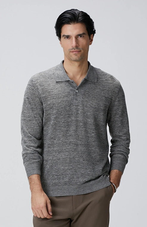 MEN'S Gray Polo Collar Linen Blend Knit Sweater