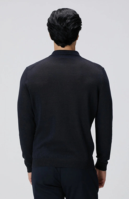 MEN'S Navy Blue Polo Collar Linen Blend Knit Sweater