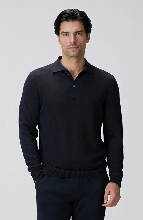 MEN'S Navy Blue Polo Collar Linen Blend Knit Sweater