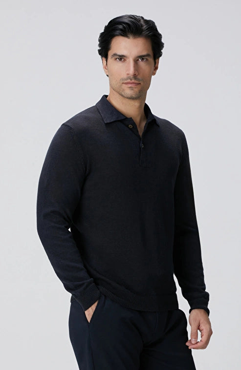 MEN'S Navy Blue Polo Collar Linen Blend Knit Sweater