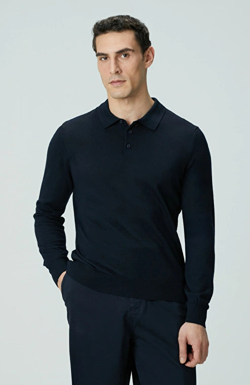 MEN'S Navy Blue Polo Neck Wool Blend Knit Sweater