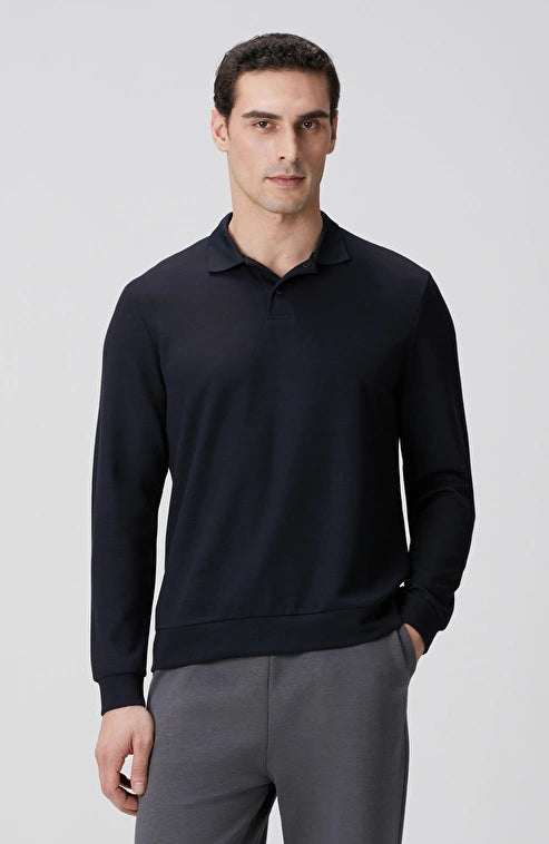 MEN'S Navy Blue Polo Collar Snap Button Sweatshirt