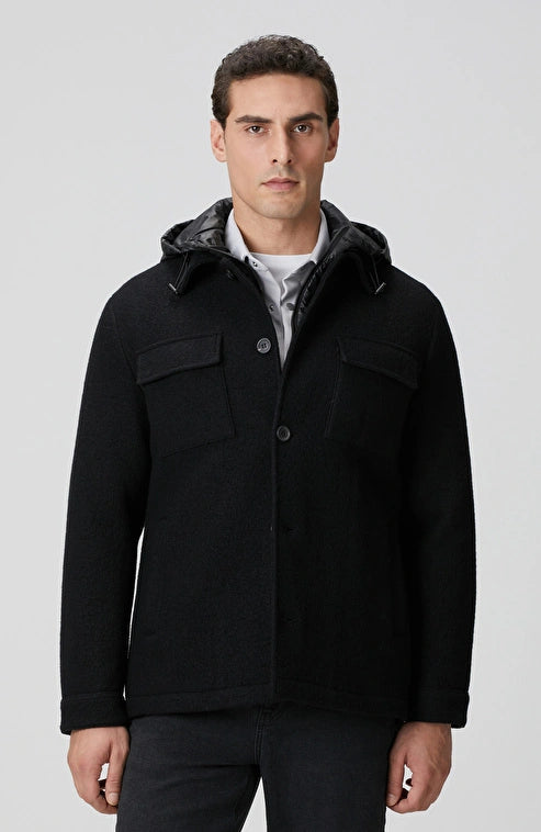 MEN'S Black Wool Casual Coat with Detachable Lining