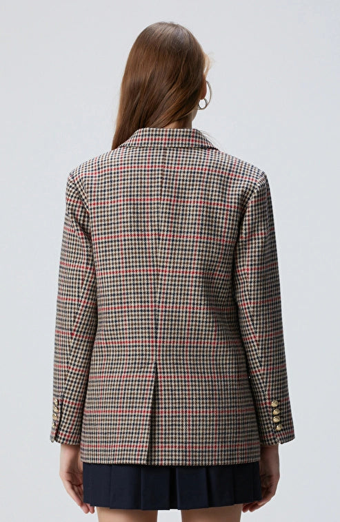 WOMEN'S Navy Brown Houndstooth Wool Blend Jacket