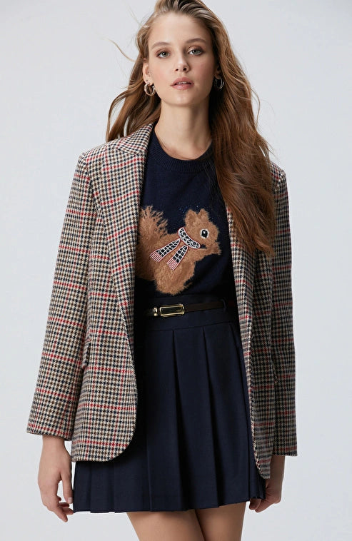 WOMEN'S Navy Brown Houndstooth Wool Blend Jacket