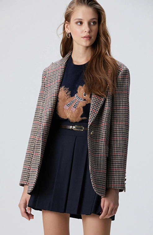 WOMEN'S Navy Brown Houndstooth Wool Blend Jacket