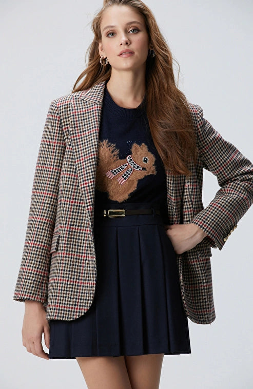 WOMEN'S Navy Brown Houndstooth Wool Blend Jacket