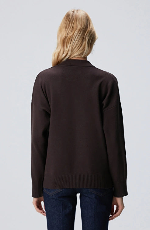 WOMEN'S Dark Brown Polo Collar Knit Sweater