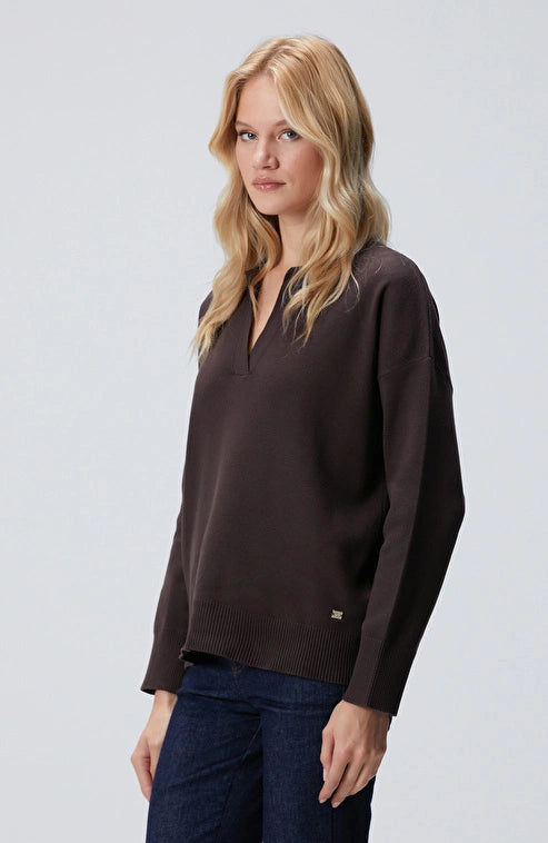 WOMEN'S Dark Brown Polo Collar Knit Sweater