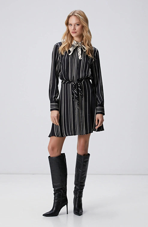 WOMEN'S Black and White Striped Shirt Dress