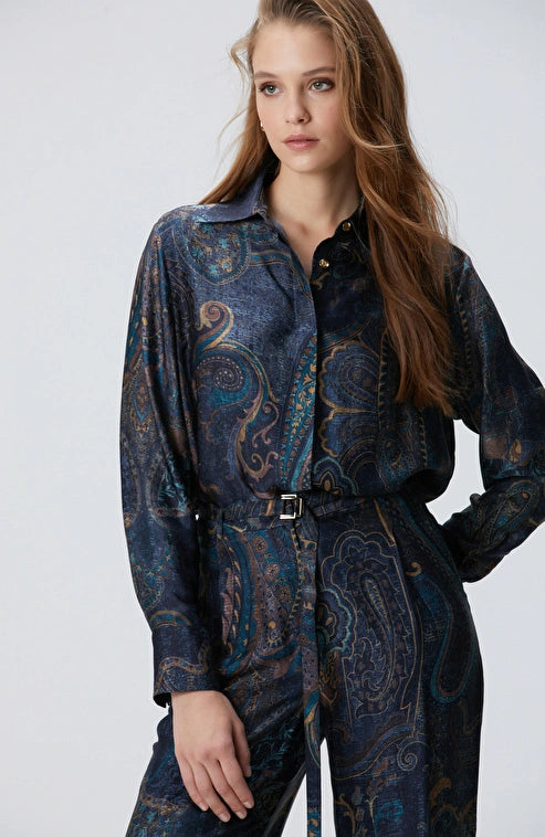 WOMEN'S Petrol Viscose Patterned Shirt