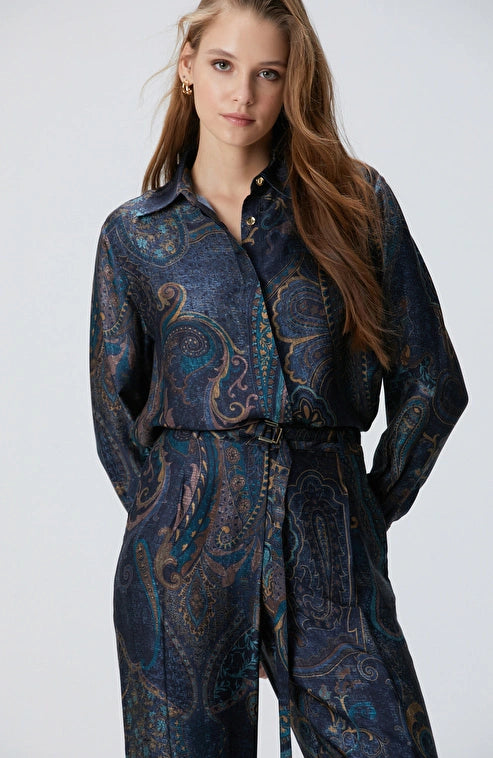 WOMEN'S Petrol Viscose Patterned Shirt