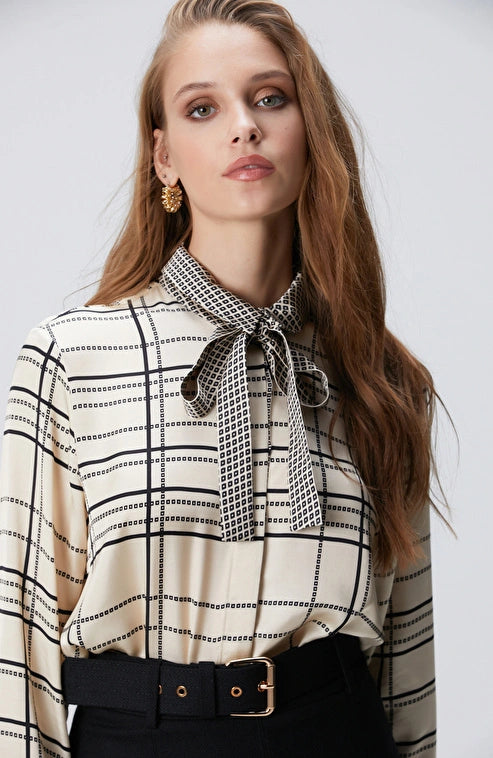 WOMEN'S Black Off White Patterned Viscose Shirt