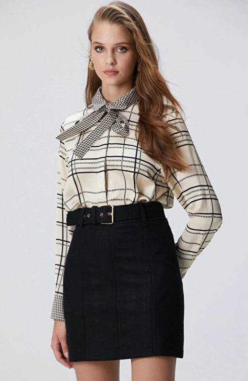 WOMEN'S Black Off White Patterned Viscose Shirt