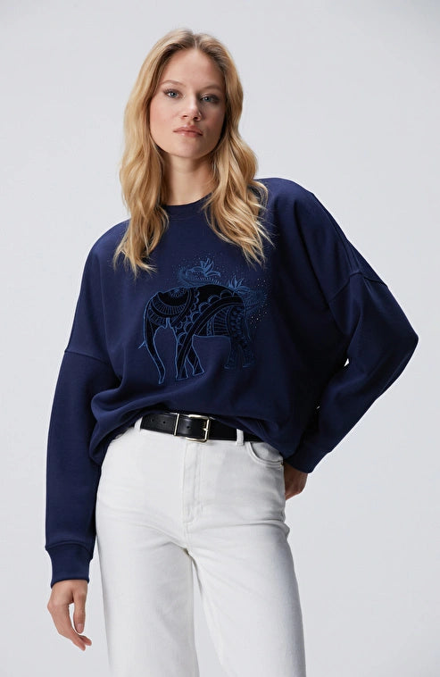 WOMEN'S Navy Blue Elephant Embroidered Sweatshirt