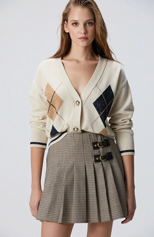 WOMEN'S Wool Cashmere Blend Diamond Patterned Cardigan