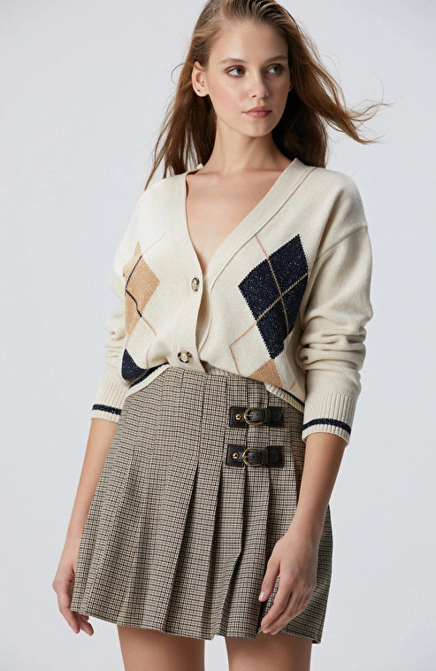 WOMEN'S Wool Cashmere Blend Diamond Patterned Cardigan