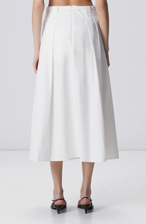 WOMEN'S N-Green White Pleated Midi Poplin Skirt