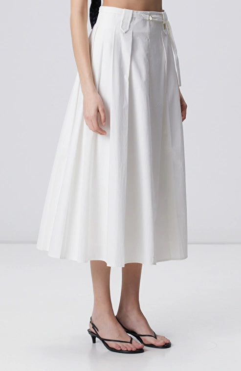 WOMEN'S N-Green White Pleated Midi Poplin Skirt