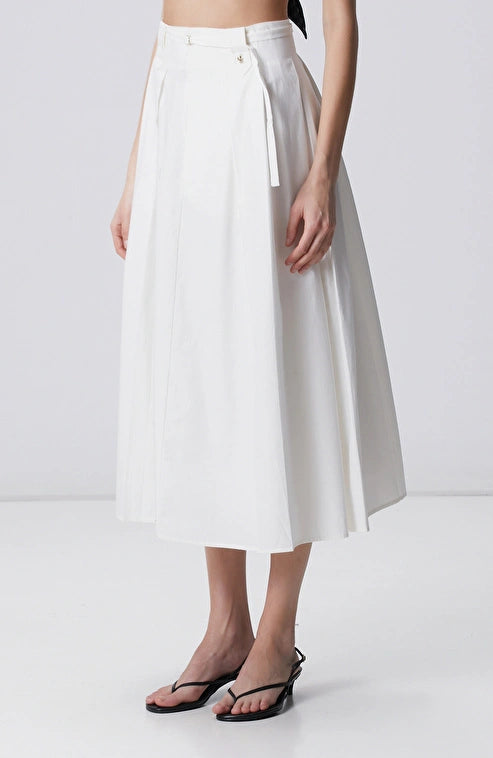 WOMEN'S N-Green White Pleated Midi Poplin Skirt