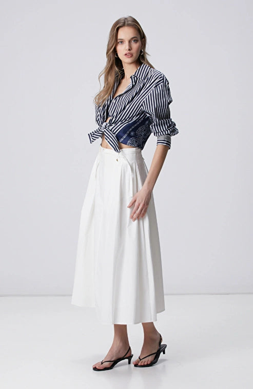 WOMEN'S N-Green White Pleated Midi Poplin Skirt