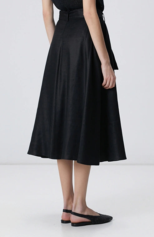 WOMEN'S N-Green Black Buttoned Midi Linen Skirt