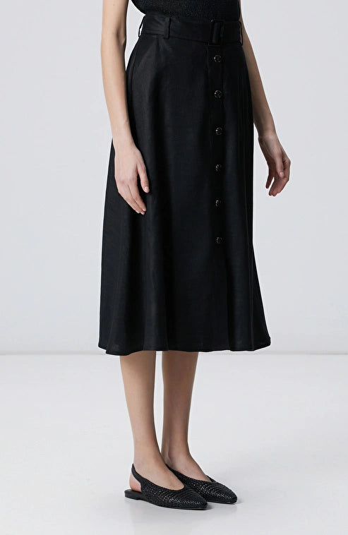 WOMEN'S N-Green Black Buttoned Midi Linen Skirt