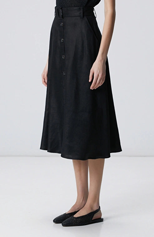 WOMEN'S N-Green Black Buttoned Midi Linen Skirt