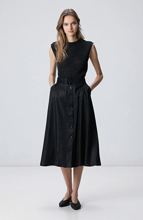WOMEN'S N-Green Black Buttoned Midi Linen Skirt