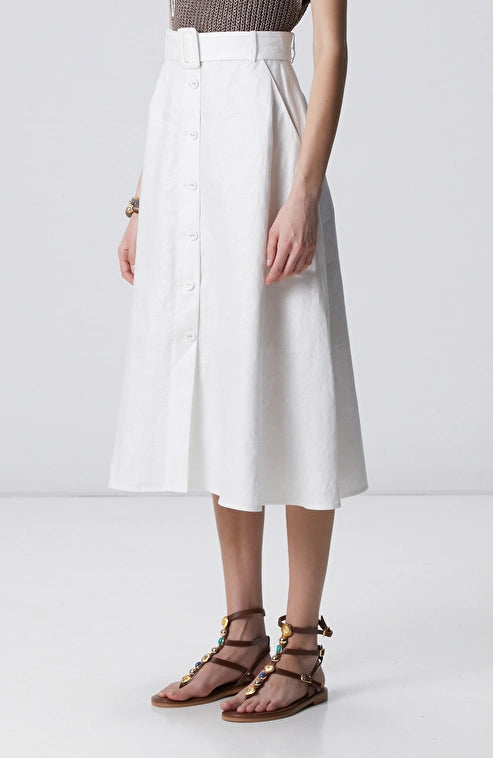 WOMEN'S N-Green Off-White Buttoned Linen Midi Skirt