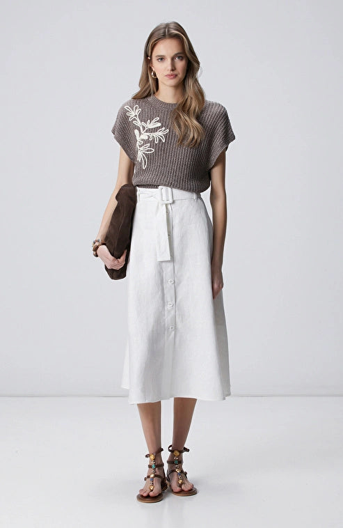 WOMEN'S N-Green Off-White Buttoned Linen Midi Skirt