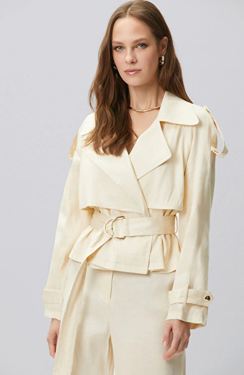 WOMEN'S N-Green Champagne Windbreaker Detailed Linen Blend Jacket