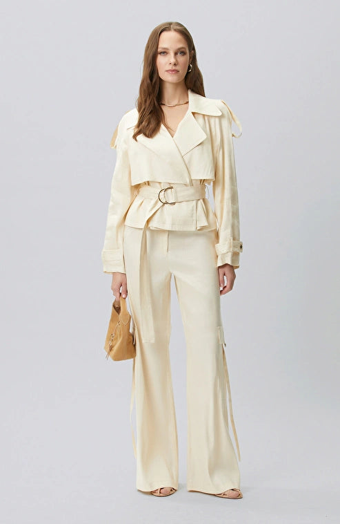 WOMEN'S N-Green Champagne Windbreaker Detailed Linen Blend Jacket