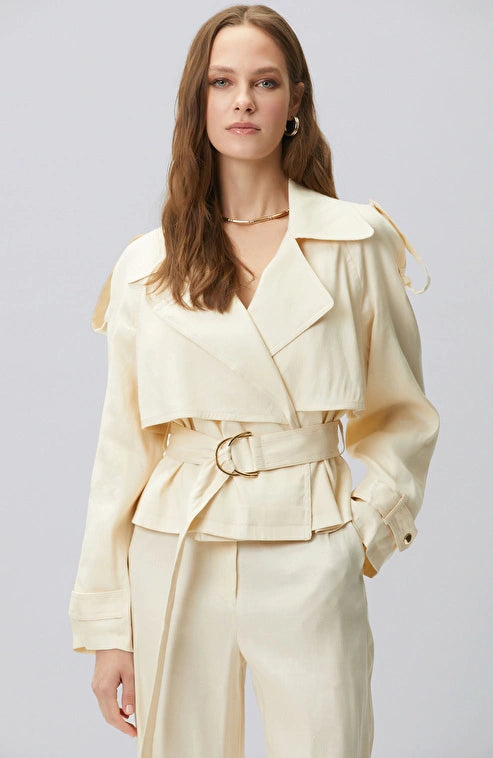 WOMEN'S N-Green Champagne Windbreaker Detailed Linen Blend Jacket