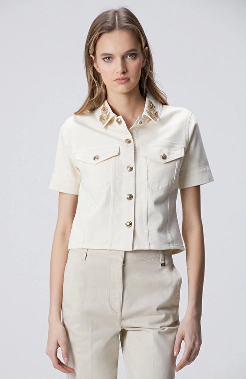 WOMEN'S Natural Collar Denim Jacket with Stone Details